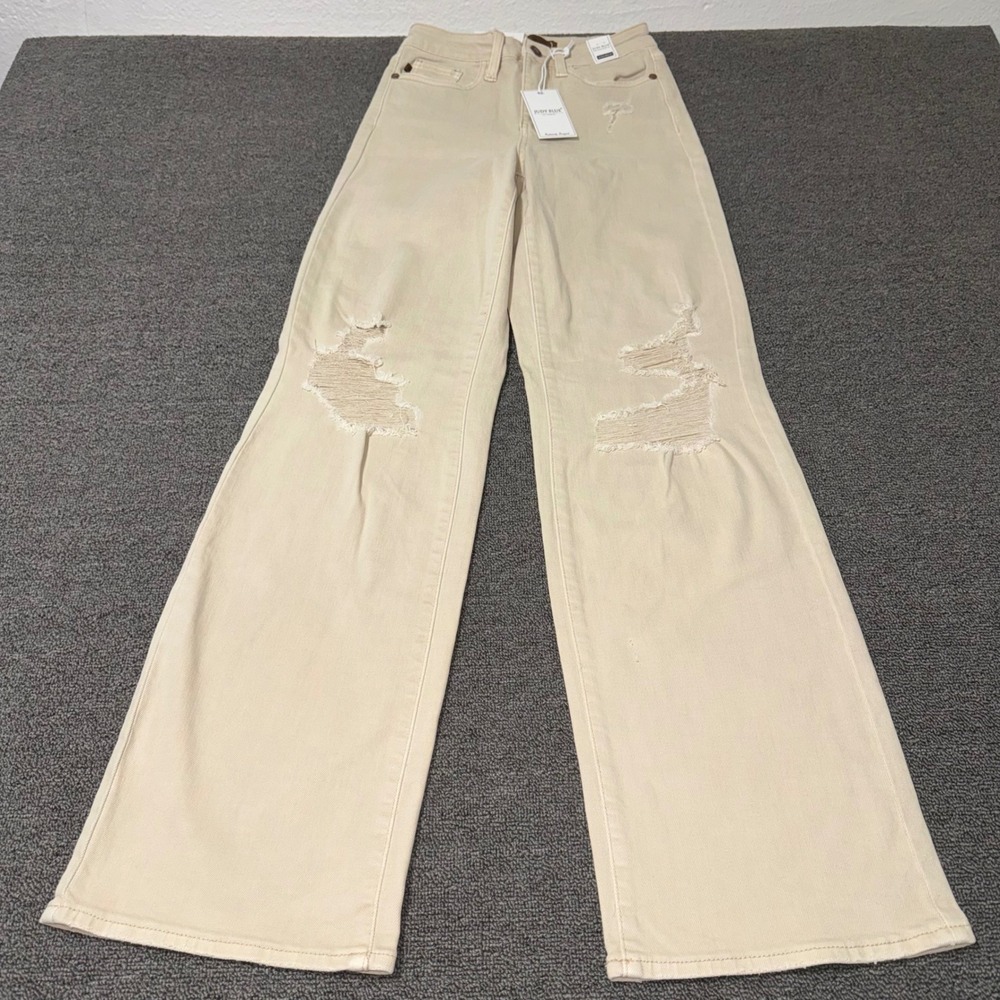 NWT Judy Blue High Waist Wide Leg Distressed Jeans Women's Size 0/24 Boho Casual